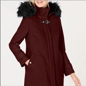 COLE HAAN Burgundy Faux Fur Trim Hooded Winter Coat Size 8 NEW